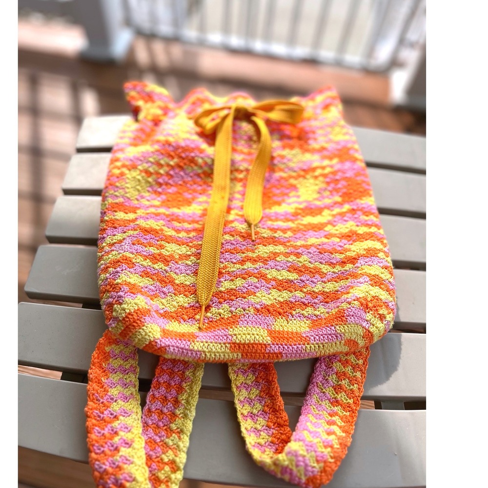 Handmade Crochet‎ Backpack Orange Pink Yellow Variegated Lined Drawstring Bag